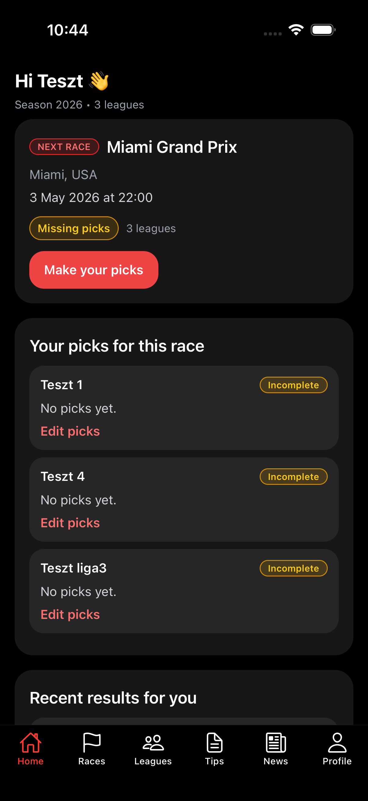 GP Fantasy home screen showing next race and missing picks