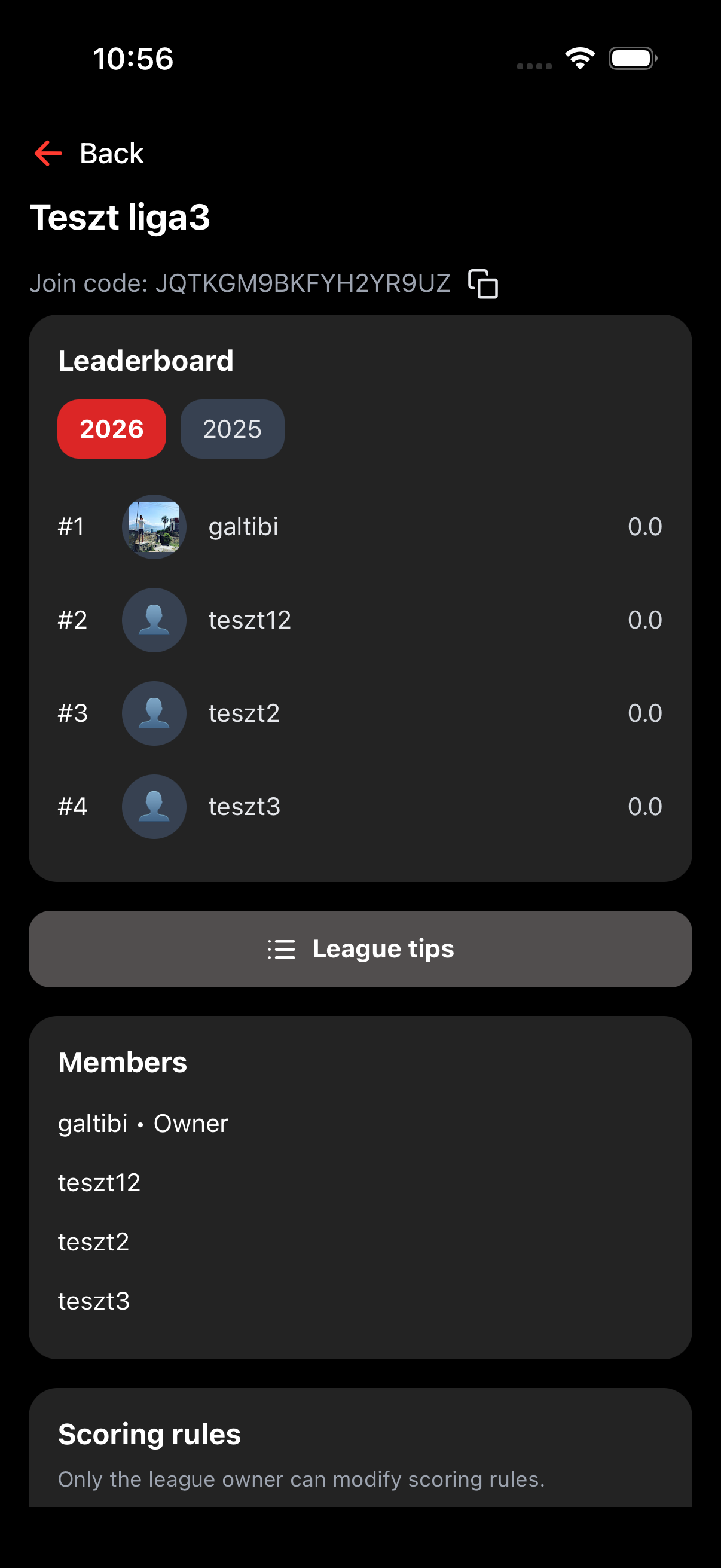 GP Fantasy league details screen showing leaderboard and members