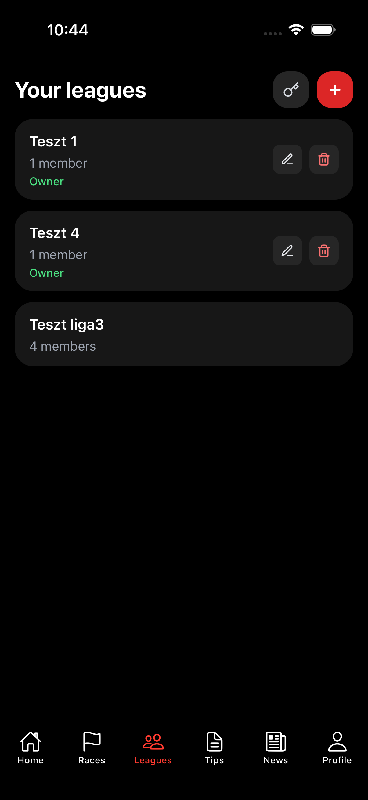 GP Fantasy leagues screen showing private leagues