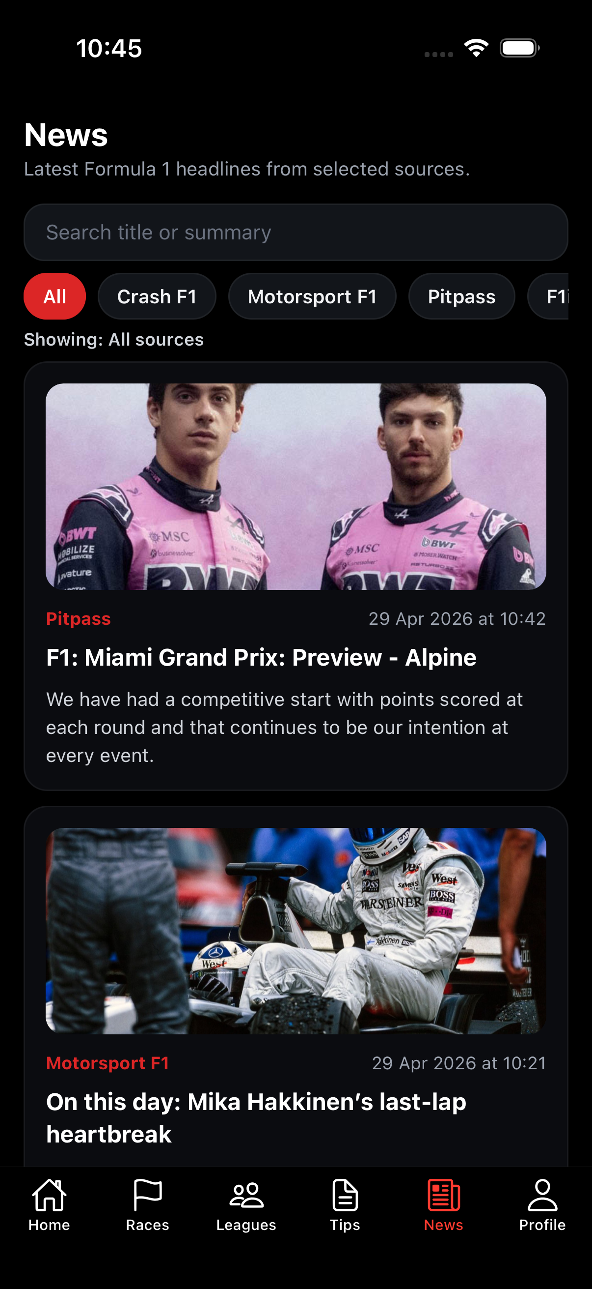 GP Fantasy news screen showing Formula 1 headlines