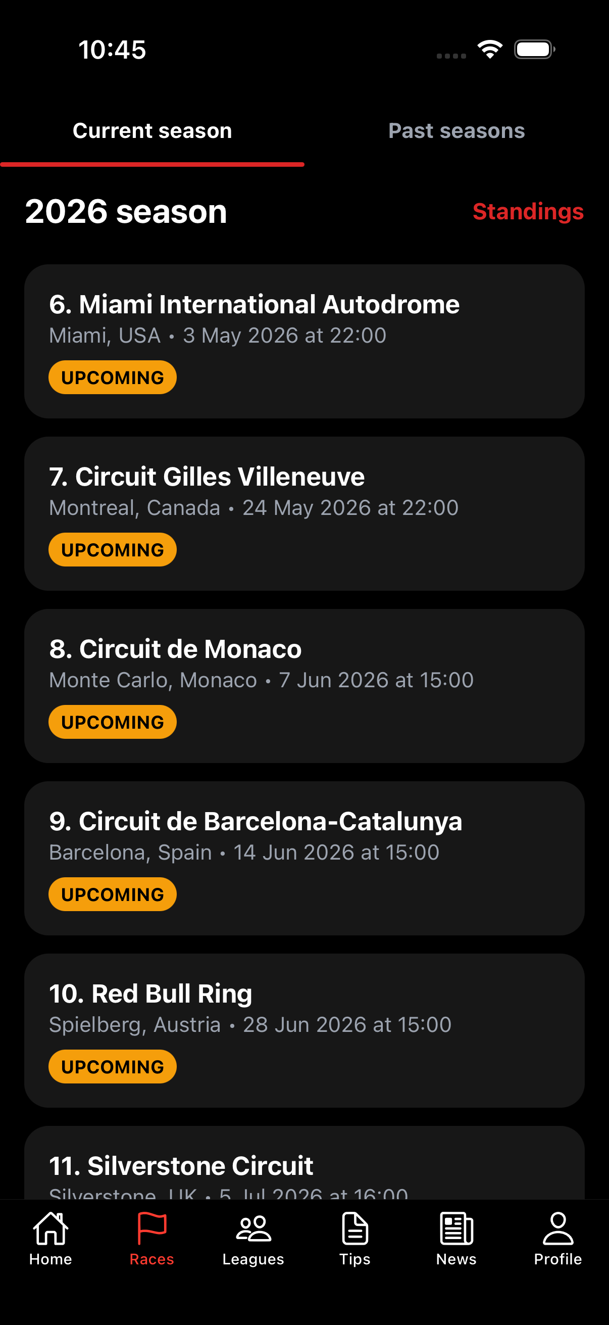 GP Fantasy races screen showing the current season calendar
