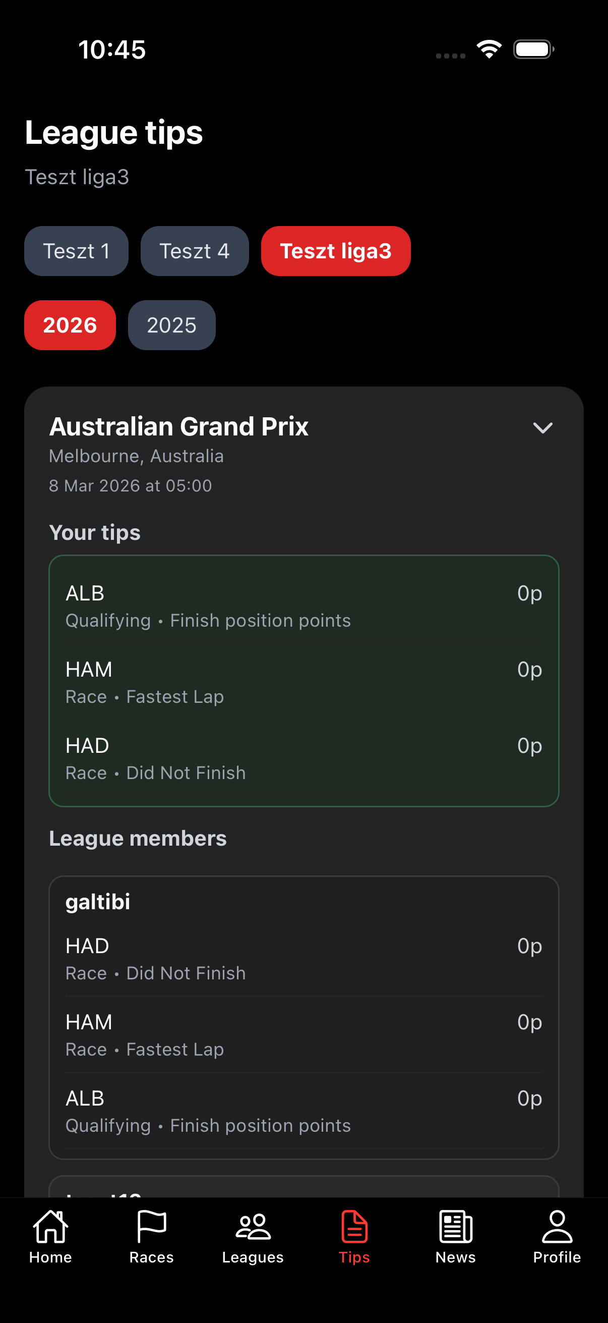 GP Fantasy tips screen showing revealed league tips